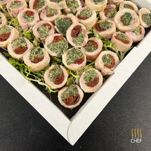 Load image into Gallery viewer, One tray contains 30 gluten free canapes of chicken involtino
